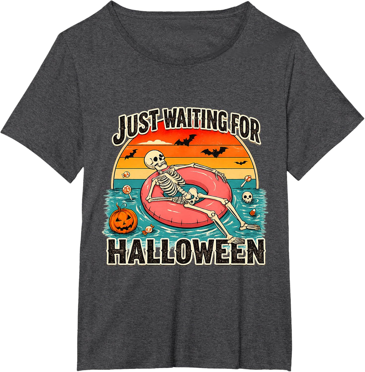 Just Waiting for Halloween Fun Skeleton Retro Spooky Season T-Shirt - Dark Heather Grey