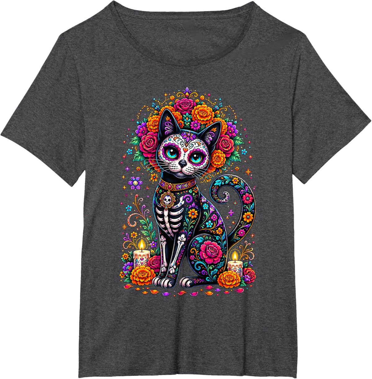 Dia De Los Muertos Cinco De Mayo Cat Sugar Skull Men Women T-Shirt - Dark Heather Grey