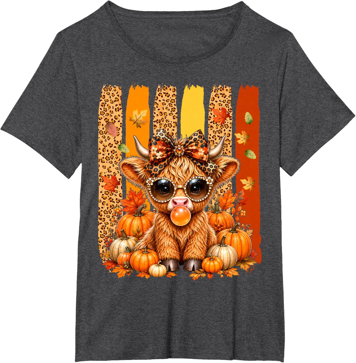 Thanksgiving Day Fall Vibes Highland Cow Blowing Bubble Gum T-Shirt - Dark Heather Grey