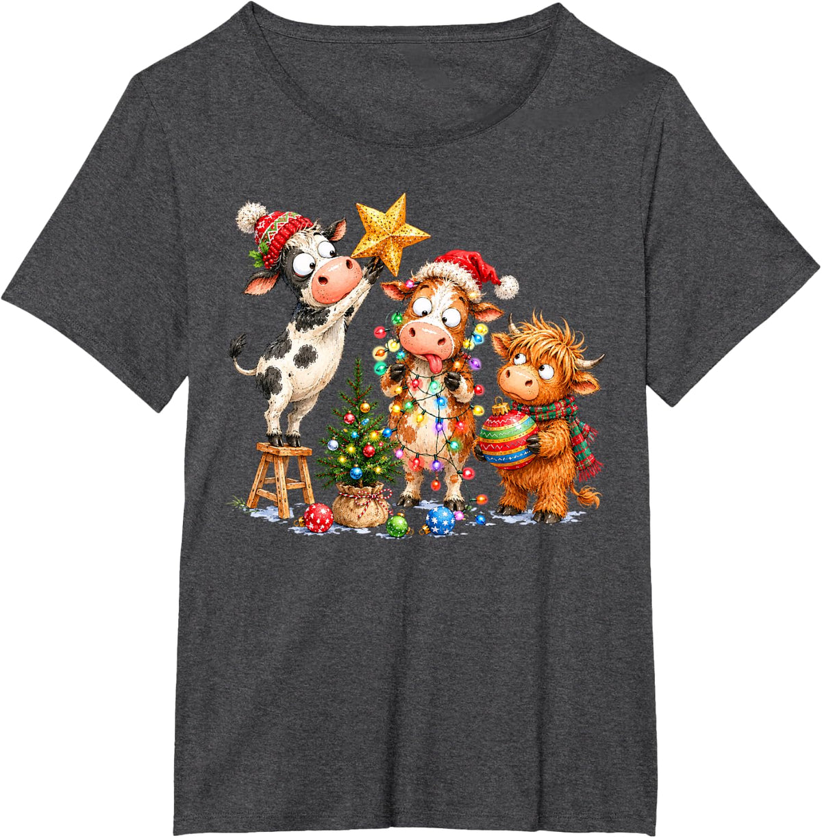 Funny Christmas Cows Decorating Tree Highland Cow Holiday T-Shirt - Dark Heather Grey