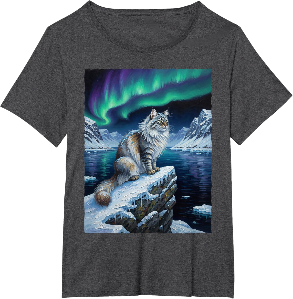 Norwegian Forest Cat in Northern Lights Aurora Borealis T-Shirt - Dark Heather Grey