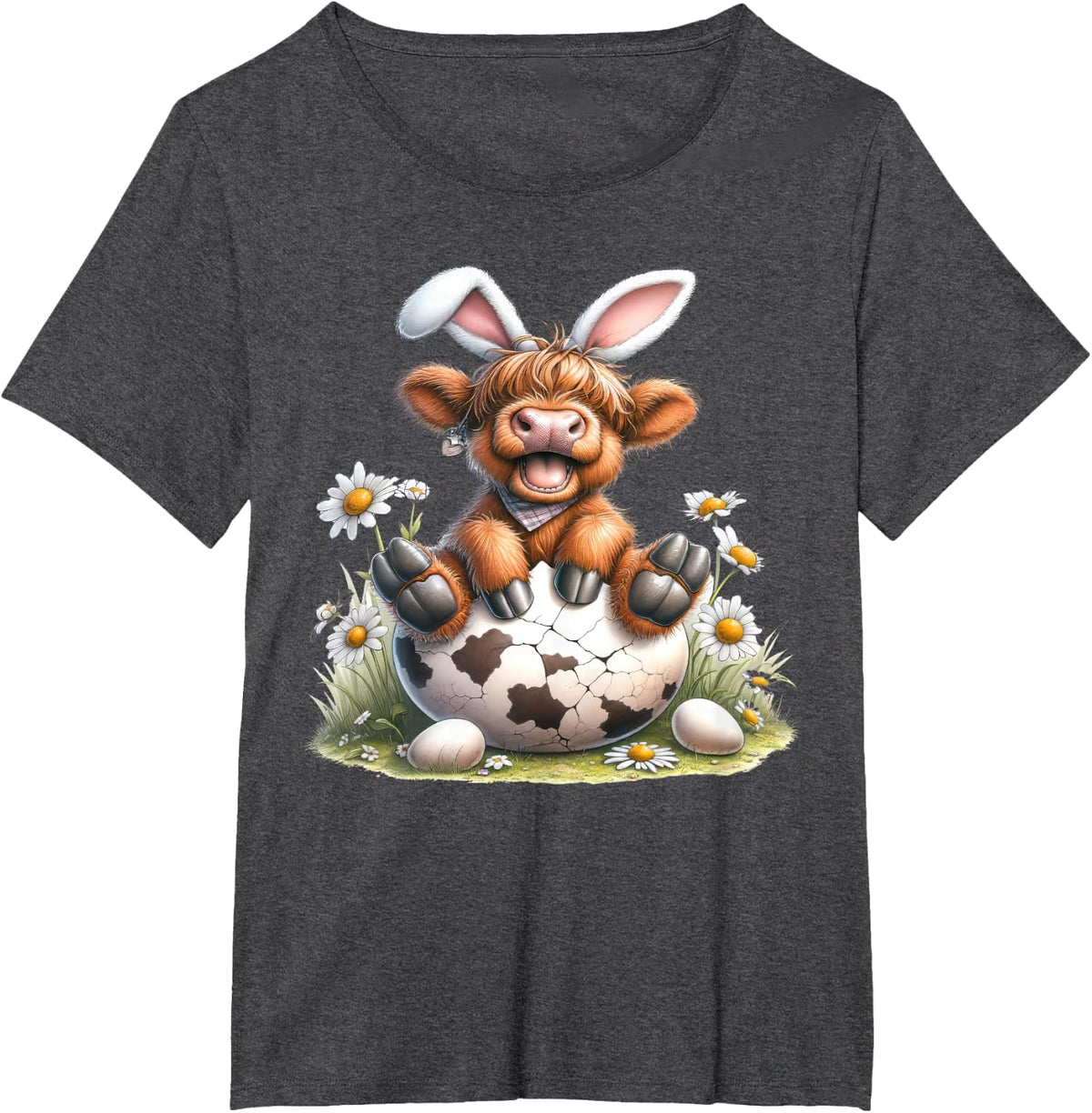Funny Cow Easter Rabbit Cute Highland Cows Lover Easter Day T-Shirt - Dark Heather Grey