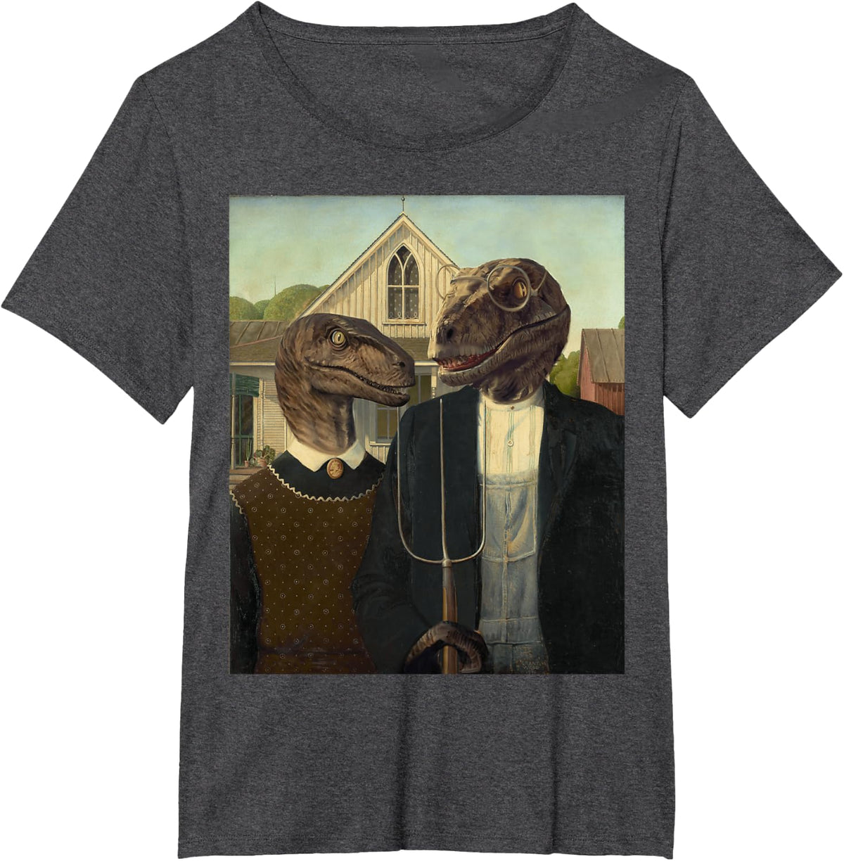 Funny Dinosaur, American Gothic, Dinosaur Art, Dinosaur T-Shirt - Dark Heather Grey