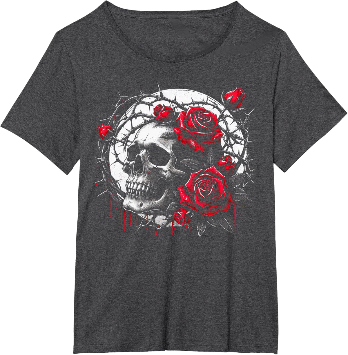 Cool and Spooky Skull with Red Roses Halloween T-Shirt - Dark Heather Grey