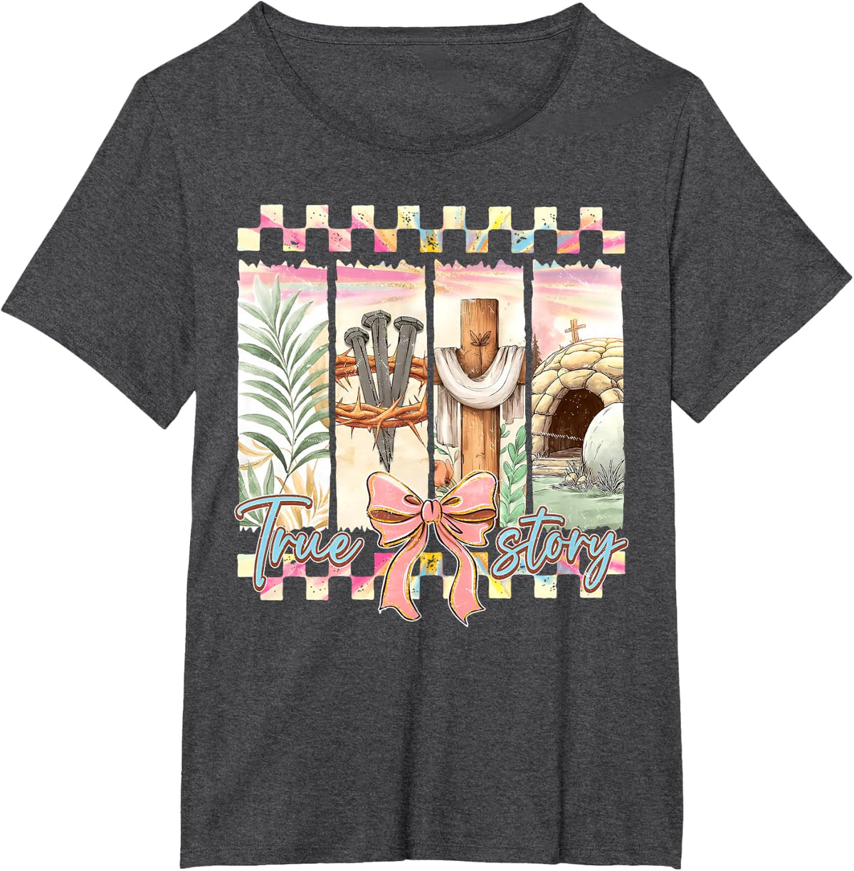 True Story Coquette Bow Happy Easter Jesus Christian Cross T-Shirt - Dark Heather Grey