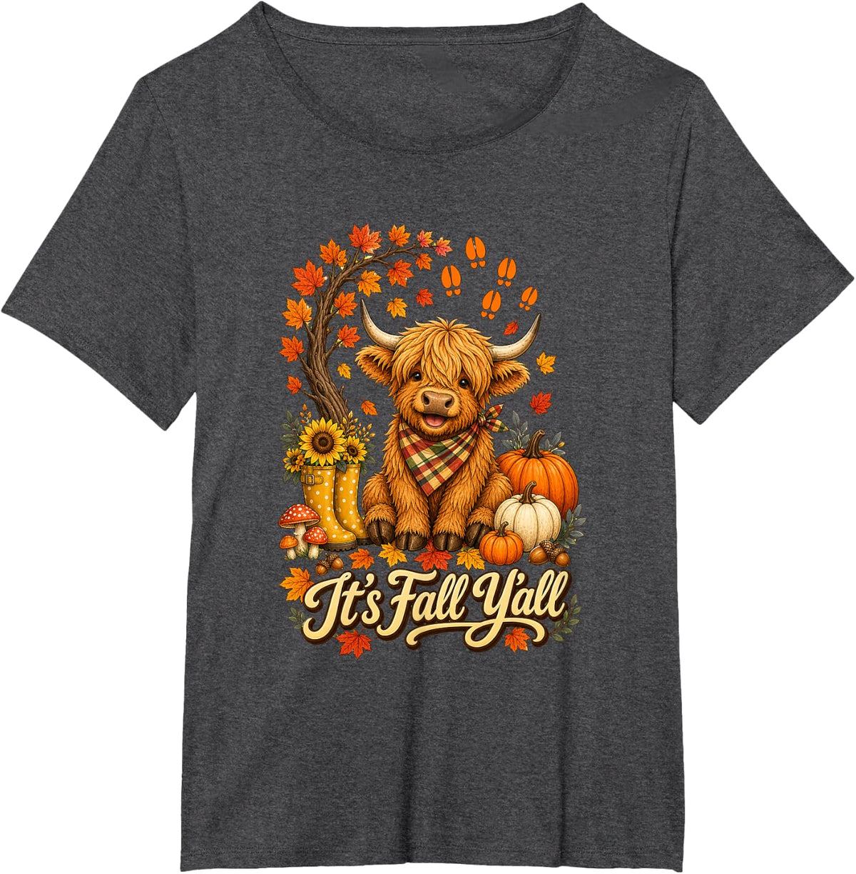 It’s Fall Y’All Cute Highland Cow Autumn Farm T-Shirt - Dark Heather Grey