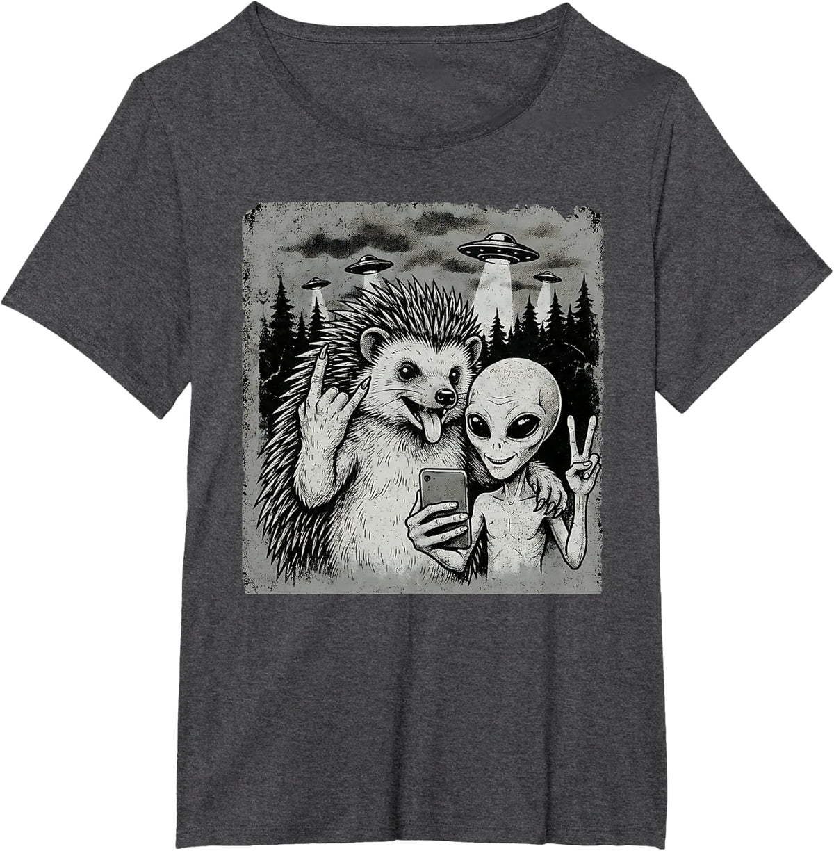 Funny Hedgehog and Alien Rock On Hand Sign UFO Selfie T-Shirt - Dark Heather Grey