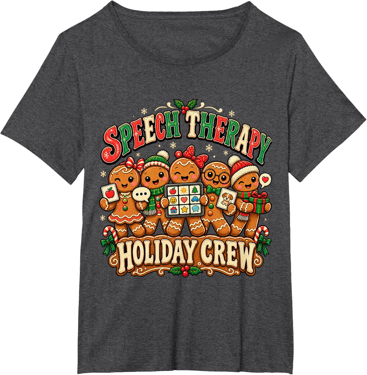 Speech Therapy Holiday Crew Christmas Gingerbread SLP T-Shirt - Dark Heather Grey