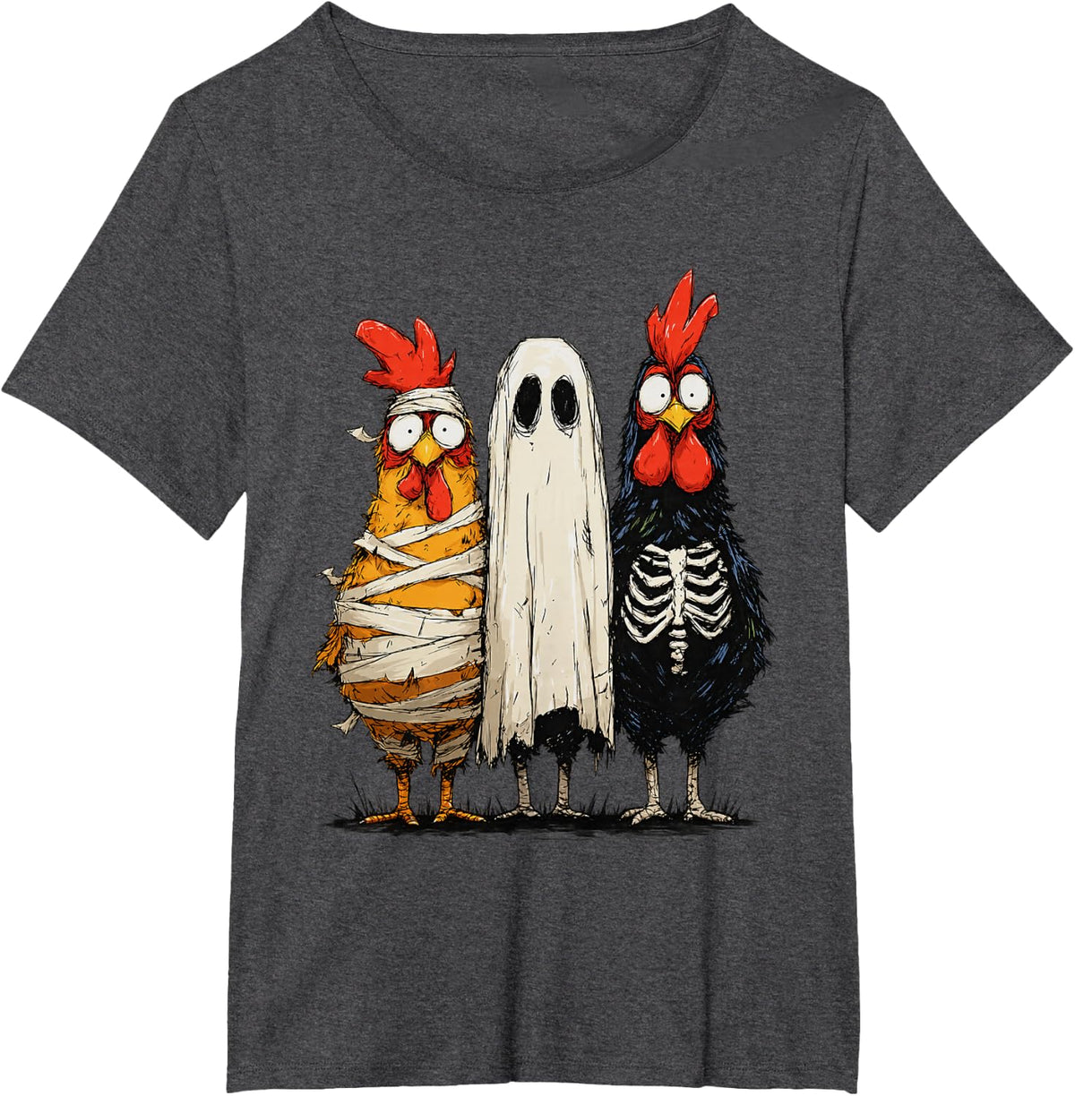 Halloween Chickens Mummy Ghost Skeleton Funny Farm Humor T-Shirt - Dark Heather Grey
