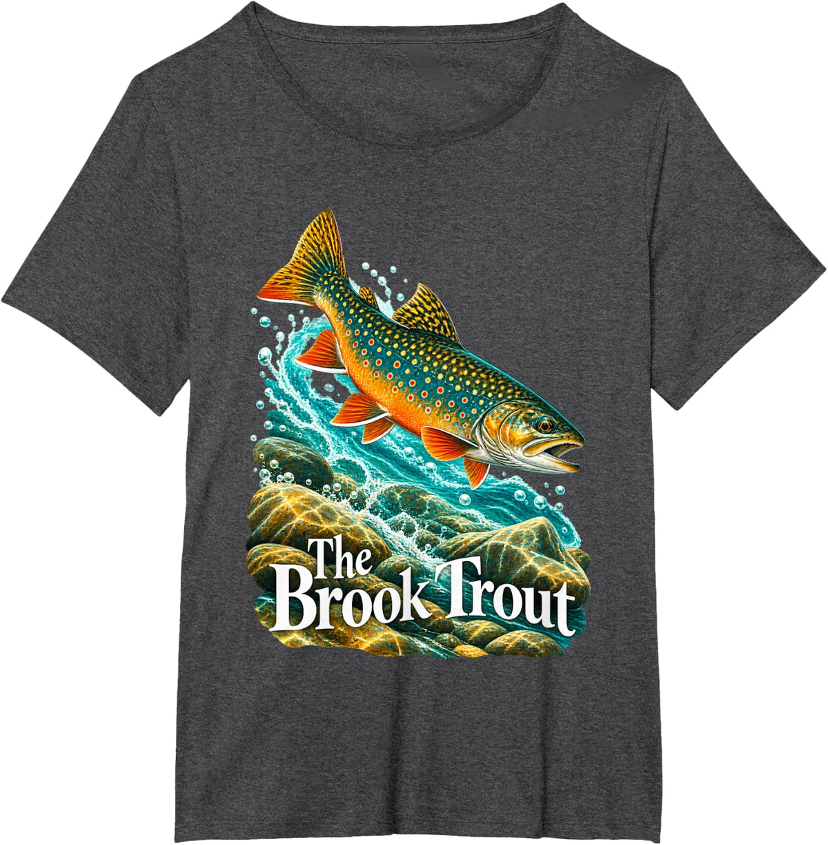 The Brook Trout Leaping Fish in Stream T-Shirt - Dark Heather Grey