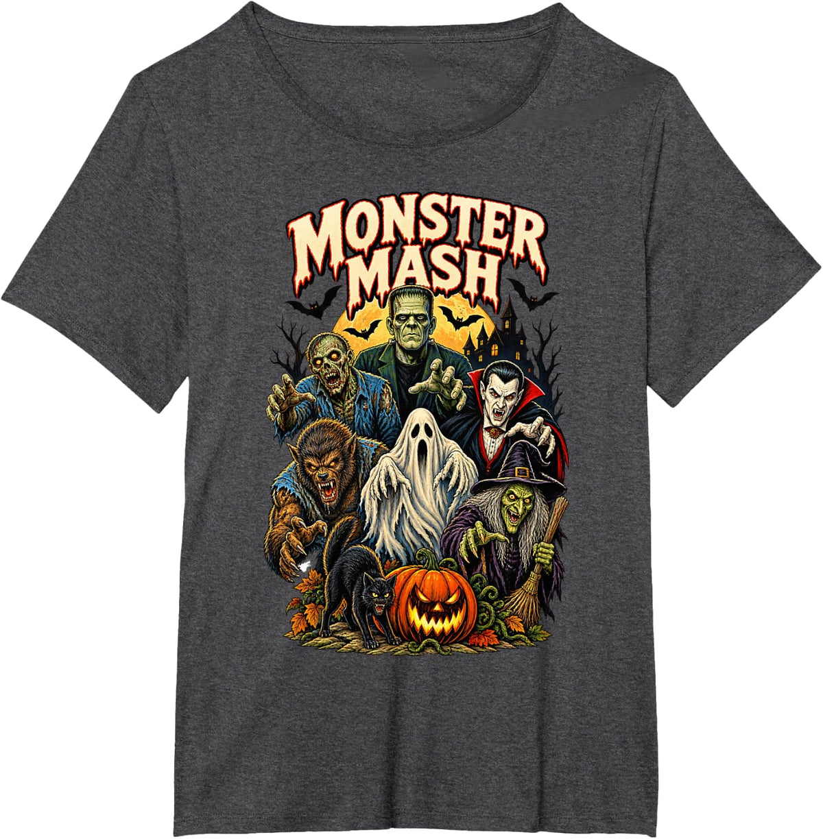 Retro Monster Mash Ghost Frankenstein Vampire Halloween Bats T-Shirt - Dark Heather Grey