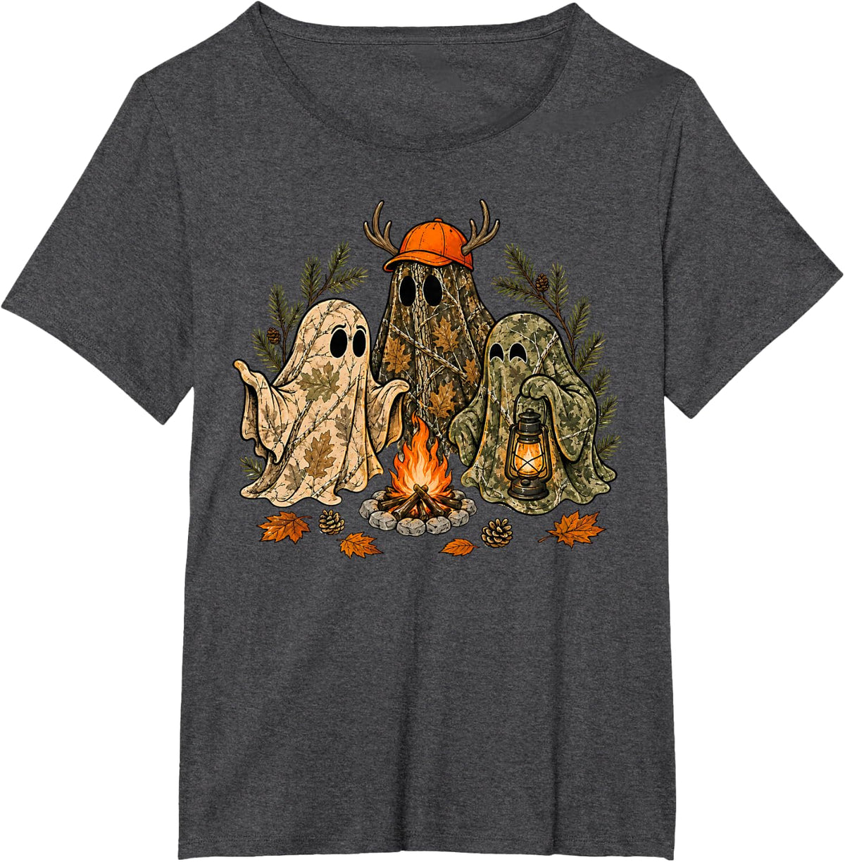 Camo Ghost Hunting Spooky Season Camping Campfire Halloween T-Shirt - Dark Heather Grey