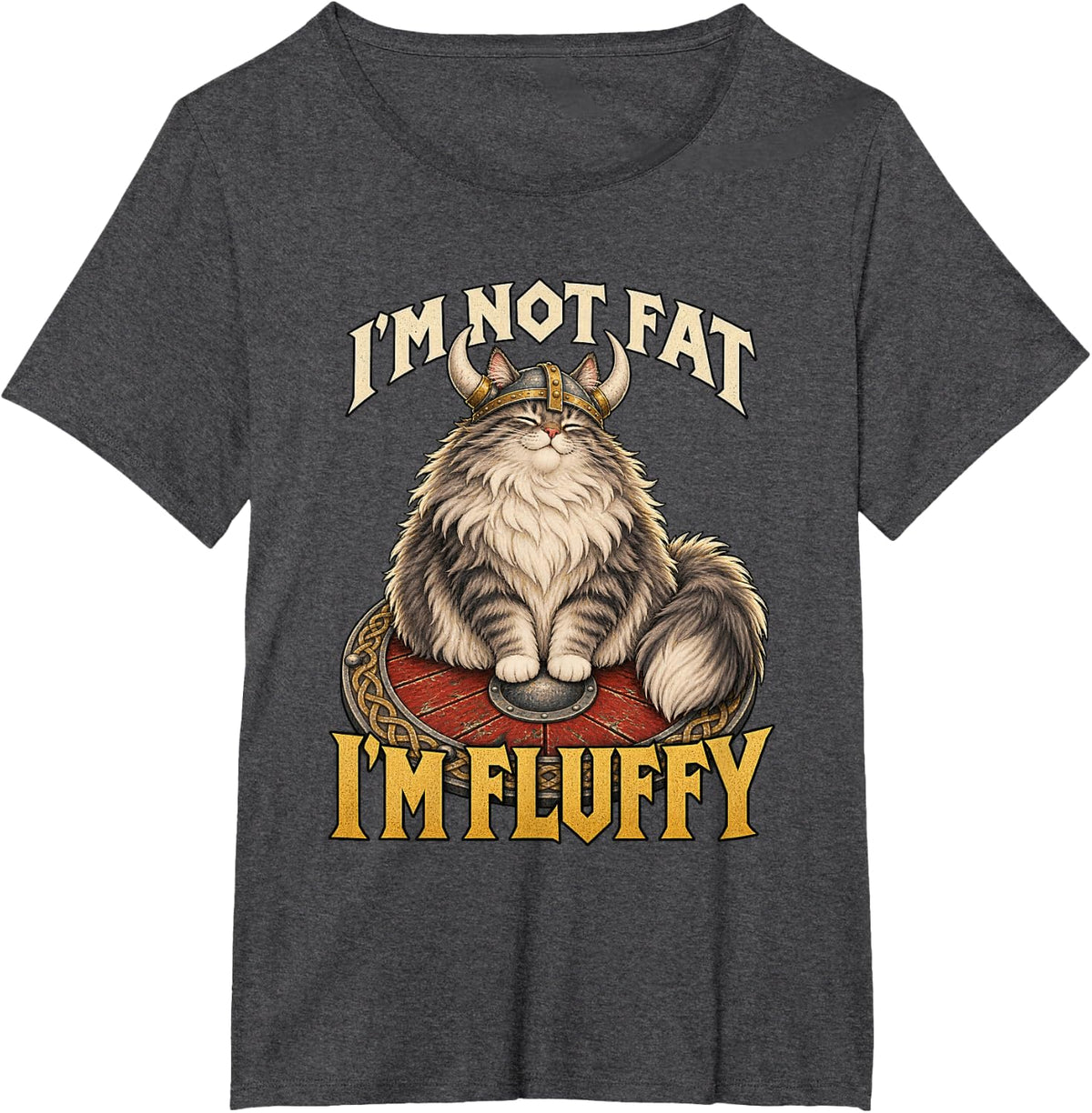 Funny Viking Norwegian Forest Cat Round Shield Horned Helmet T-Shirt - Dark Heather Grey