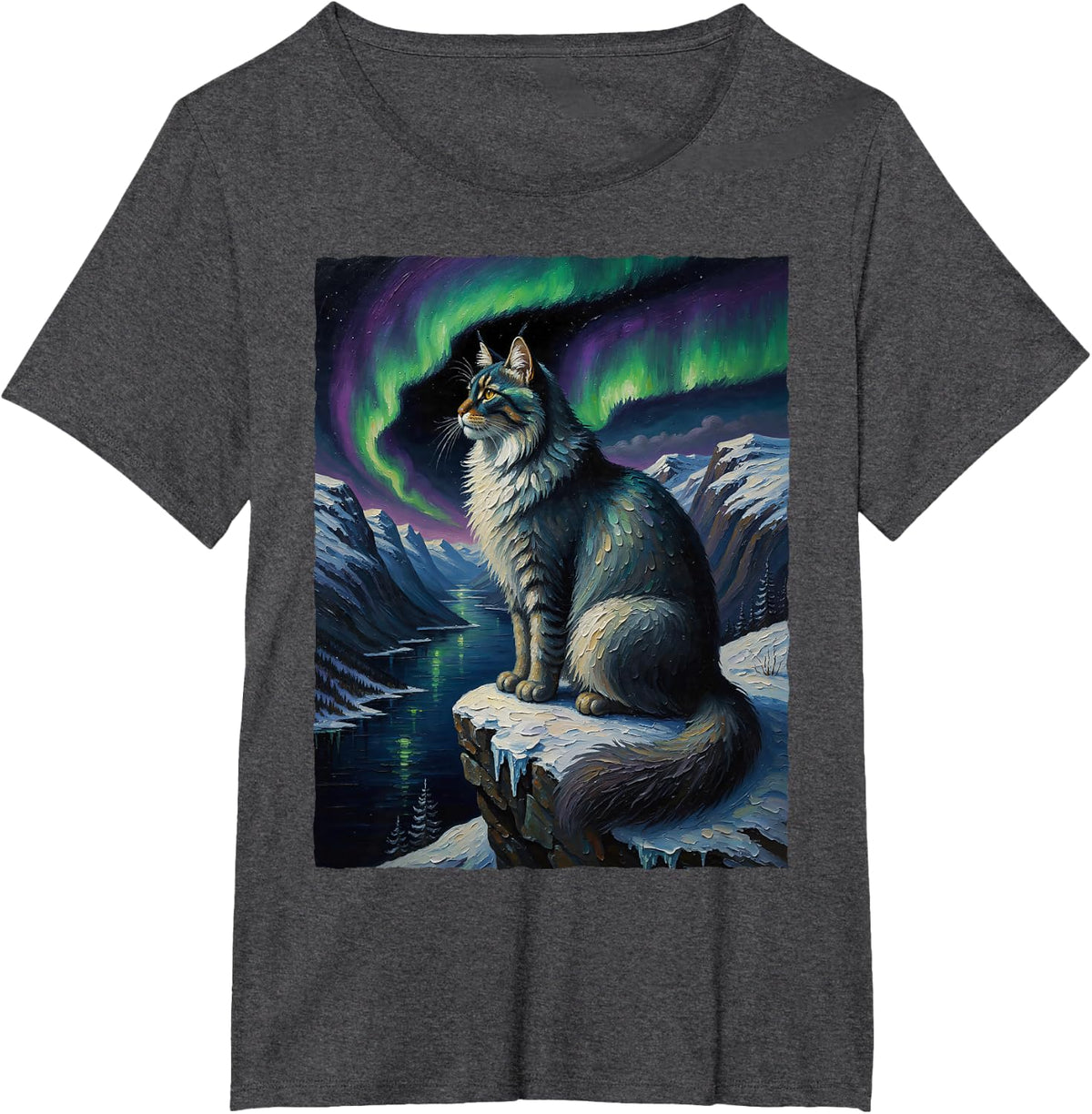 Norwegian Forest Cat Aurora Borealis Northern Lights Art T-Shirt - Dark Heather Grey