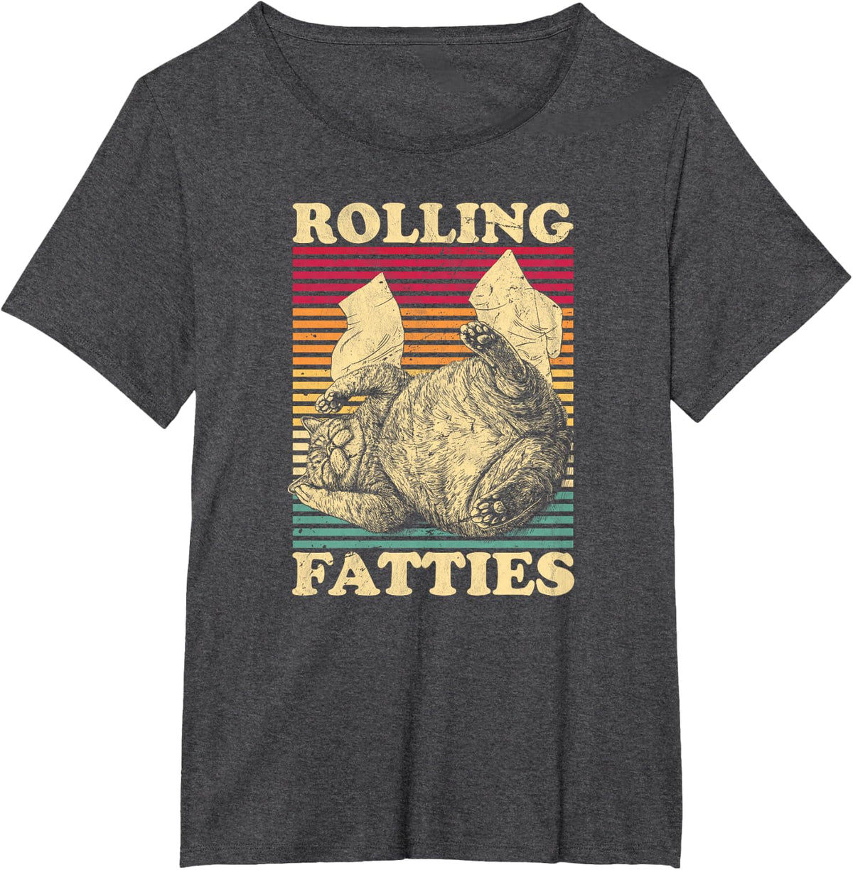 Rolling Fatties Cat Funny Cute Cat Lover Retro Black T-Shirt - Dark Heather Grey