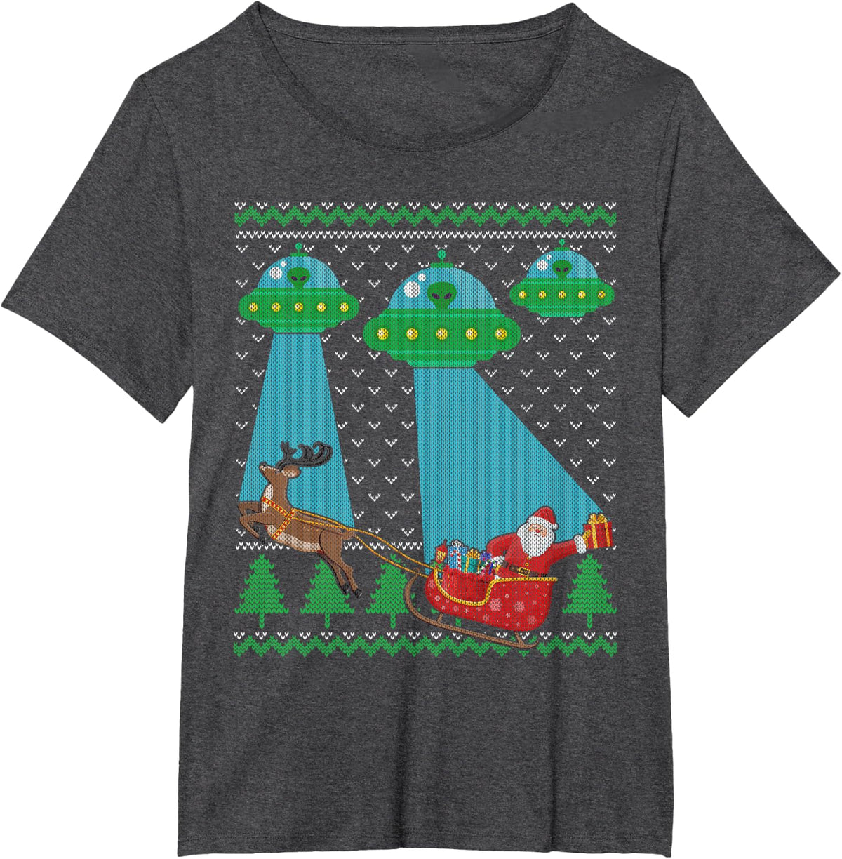 Funny Alien UFO Santa Sleigh Ugly Christmas Sweater Xmas PJS T-Shirt - Dark Heather Grey