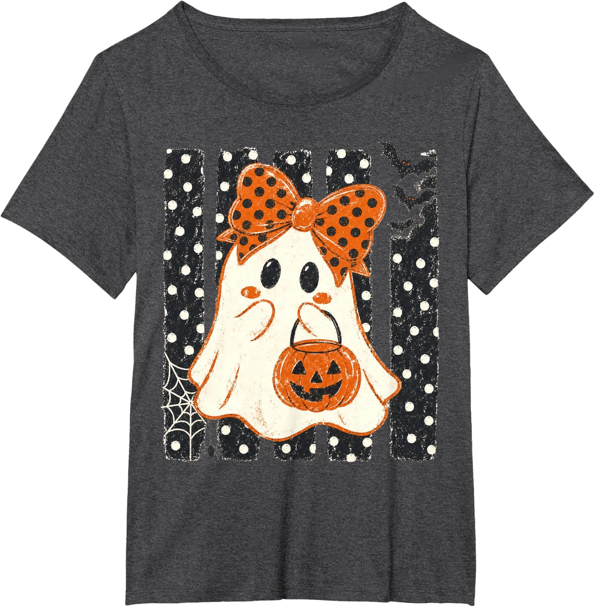 Striped Coquette Halloween Ghost Spooky Season Pumpkin Girls T-Shirt - Dark Heather Grey