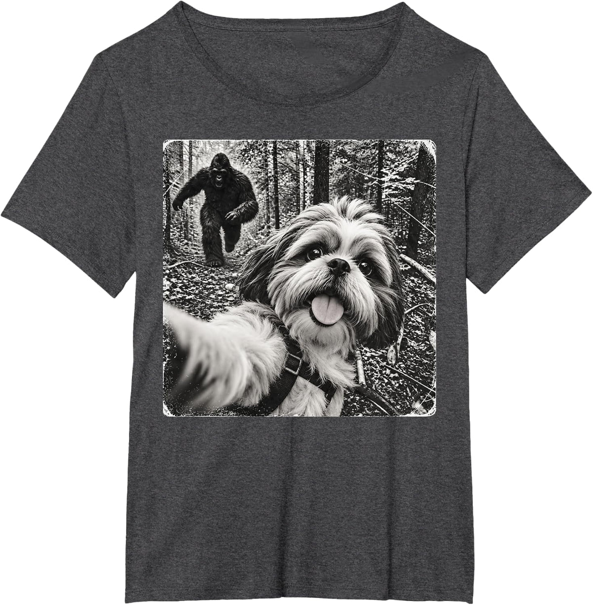 Bigfoot and Shih Tzu Funny Dog Selfie Sasquatch Chase Forest T-Shirt - Dark Heather Grey