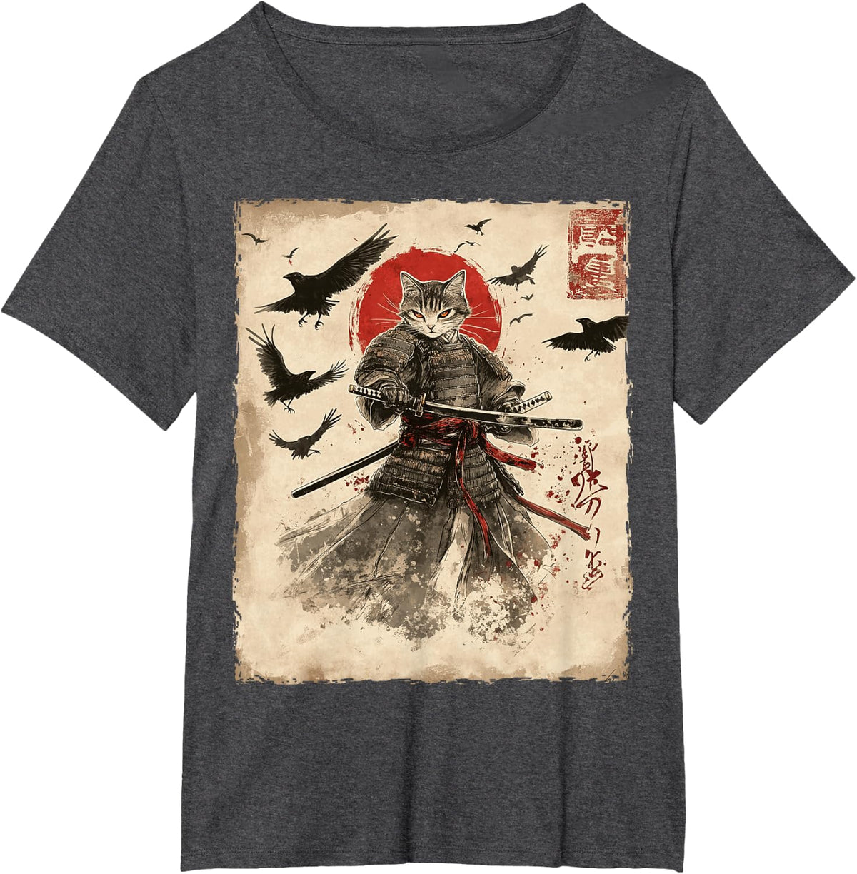 Cat Samurai Graphic Japanese Warrior Anime T-Shirt - Dark Heather Grey