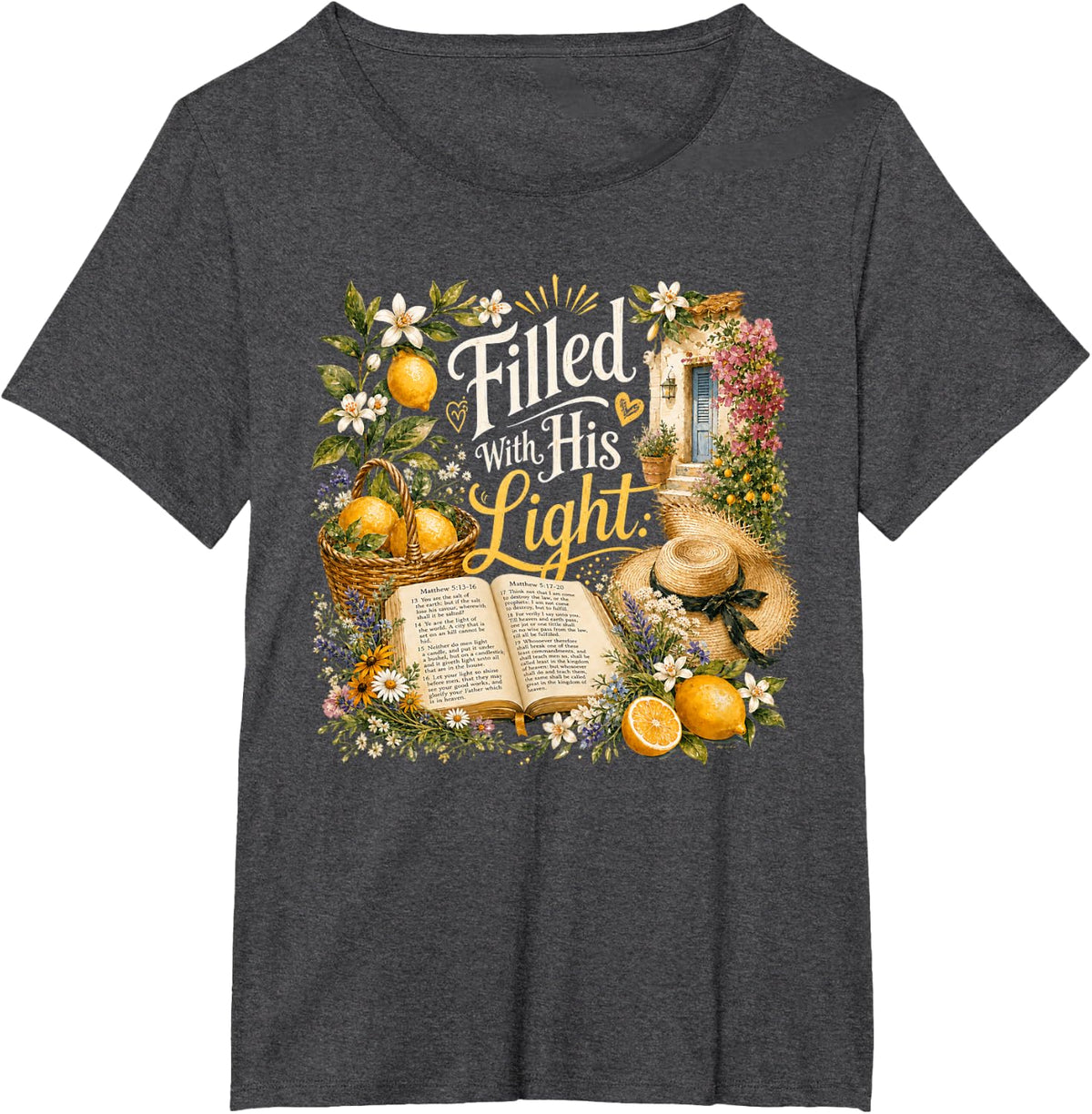 Filled with His Light Christian Scripture Womens Bible Study T-Shirt - Dark Heather Grey