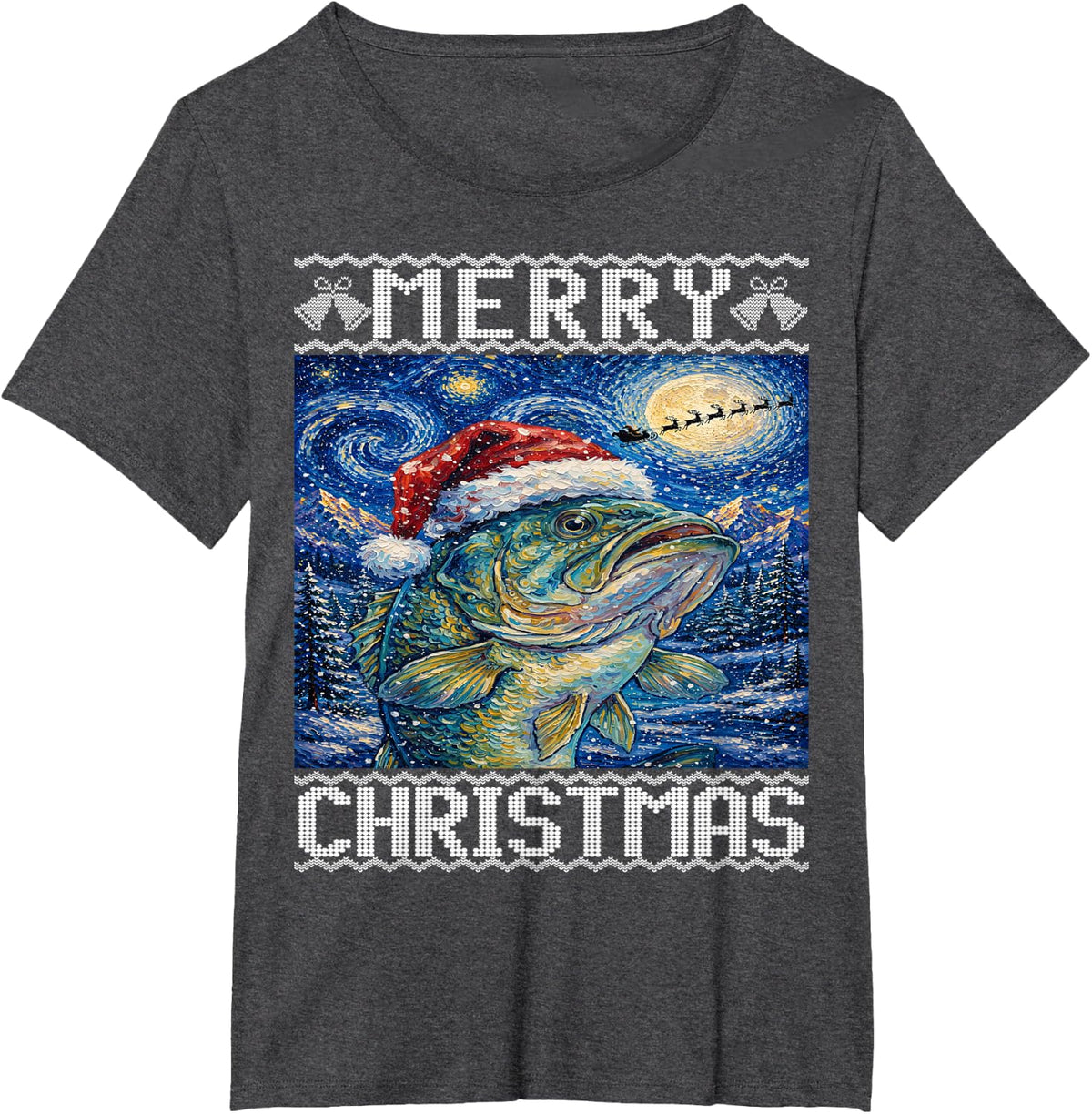 Bass Fish Merry Christmas Ugly T-Shirt - Dark Heather Grey