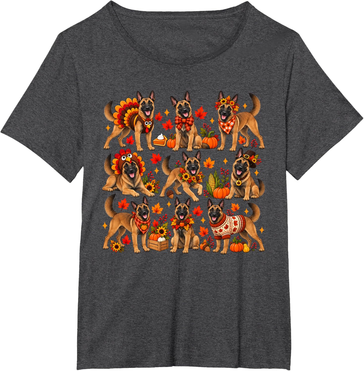Cute Belgian Malinois Dog Turkey Thanksgiving Fall Autumn T-Shirt - Dark Heather Grey