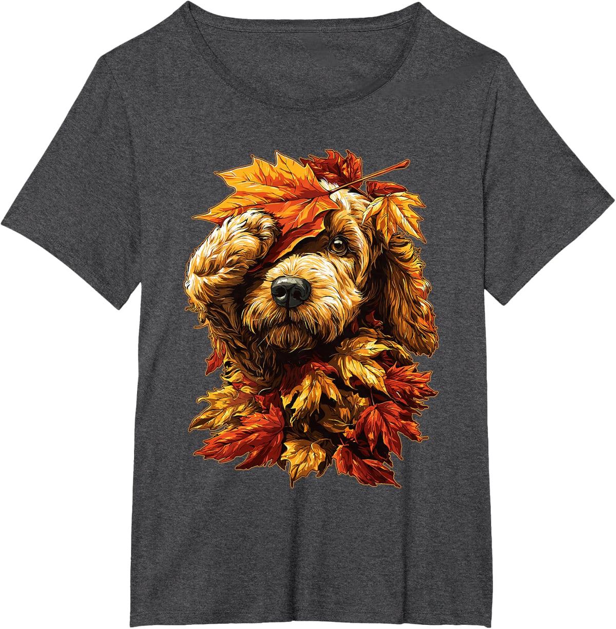 Fall Goldendoodle with Maple Leaves Cute Autumn Dog T-Shirt - Dark Heather Grey