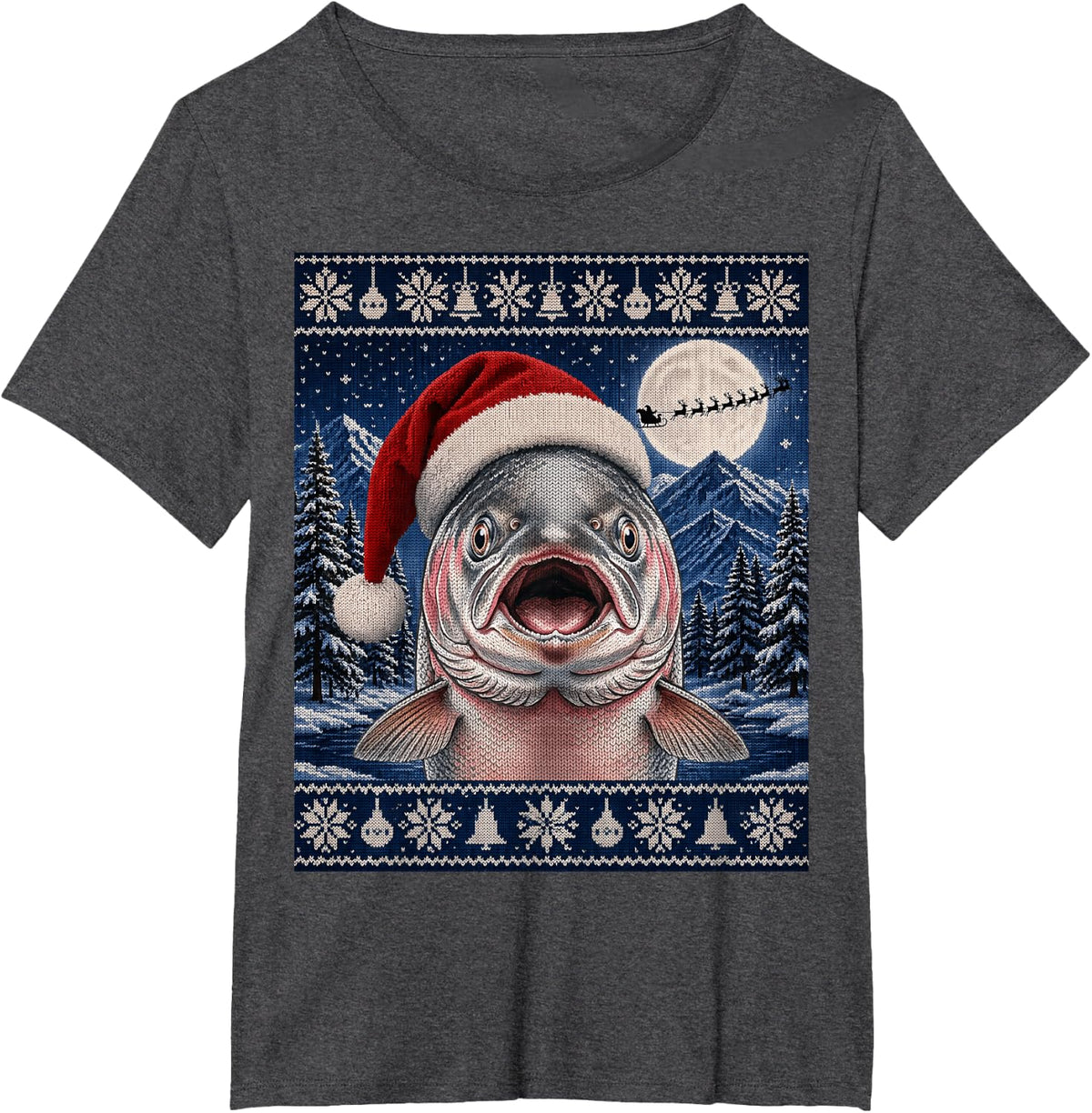 Salmon Fish Santa Ugly Christmas T-Shirt - Dark Heather Grey