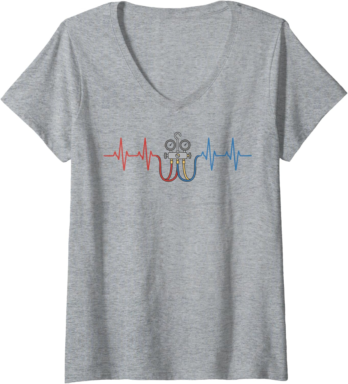 Women's Heartbeat HVAC Technician Tech Installer V-Neck T-Shirt - Heather Grey