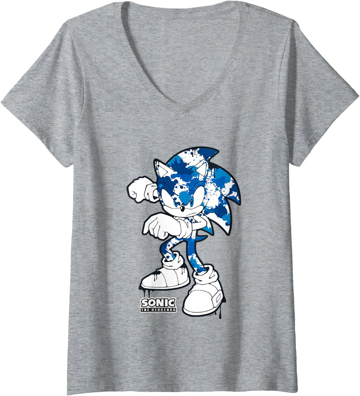 Womens Sonic The Hedgehog Dripping Paint Urban Style Portrait V-Neck T-Shirt - Heather Grey