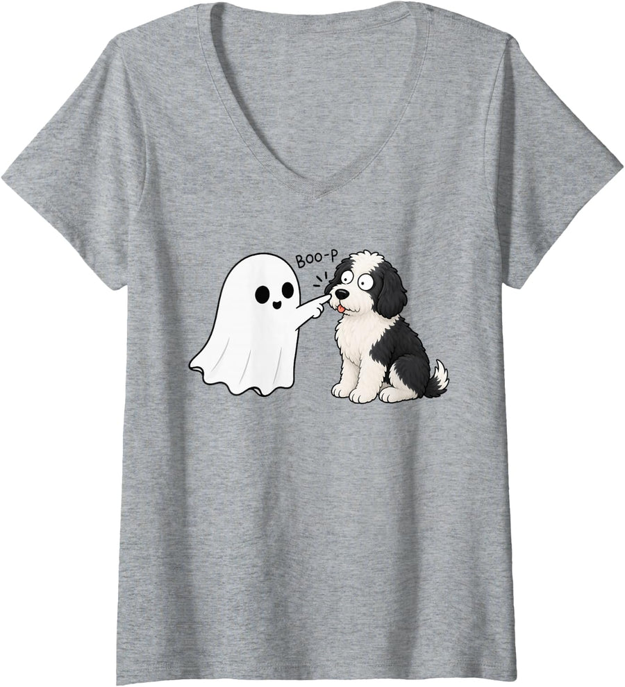 Women's Cute Sheepadoodle Doodle Dog Boop Ghost Halloween V-Neck T-Shirt - Heather Grey