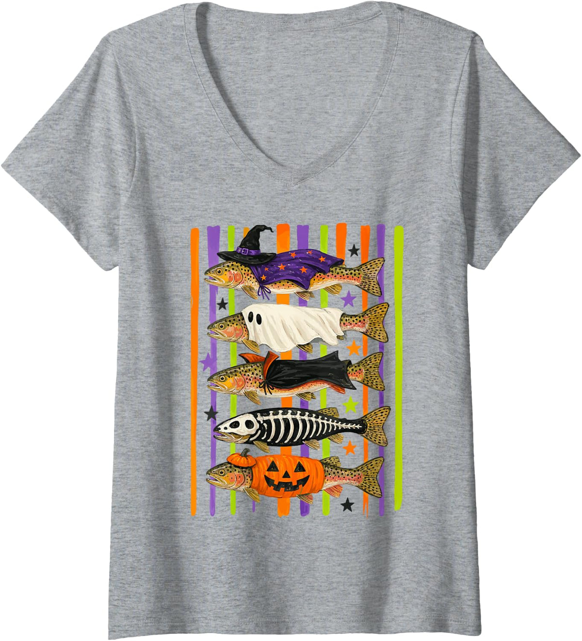 Women's Halloween Trout Fish Ghost Pumpkin Skeleton Spooky Fishing V-Neck T-Shirt - Heather Grey
