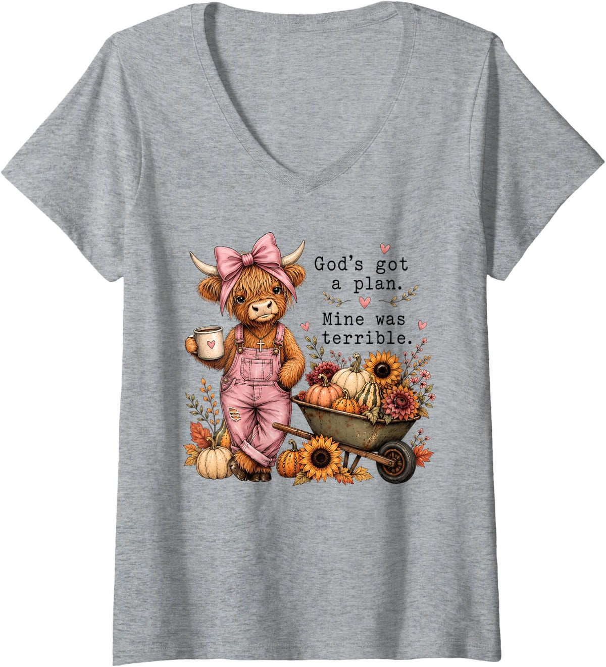 Women's God's Got A Plan Mine was Terrible Christian Highland Cow V-Neck T-Shirt - Heather Grey