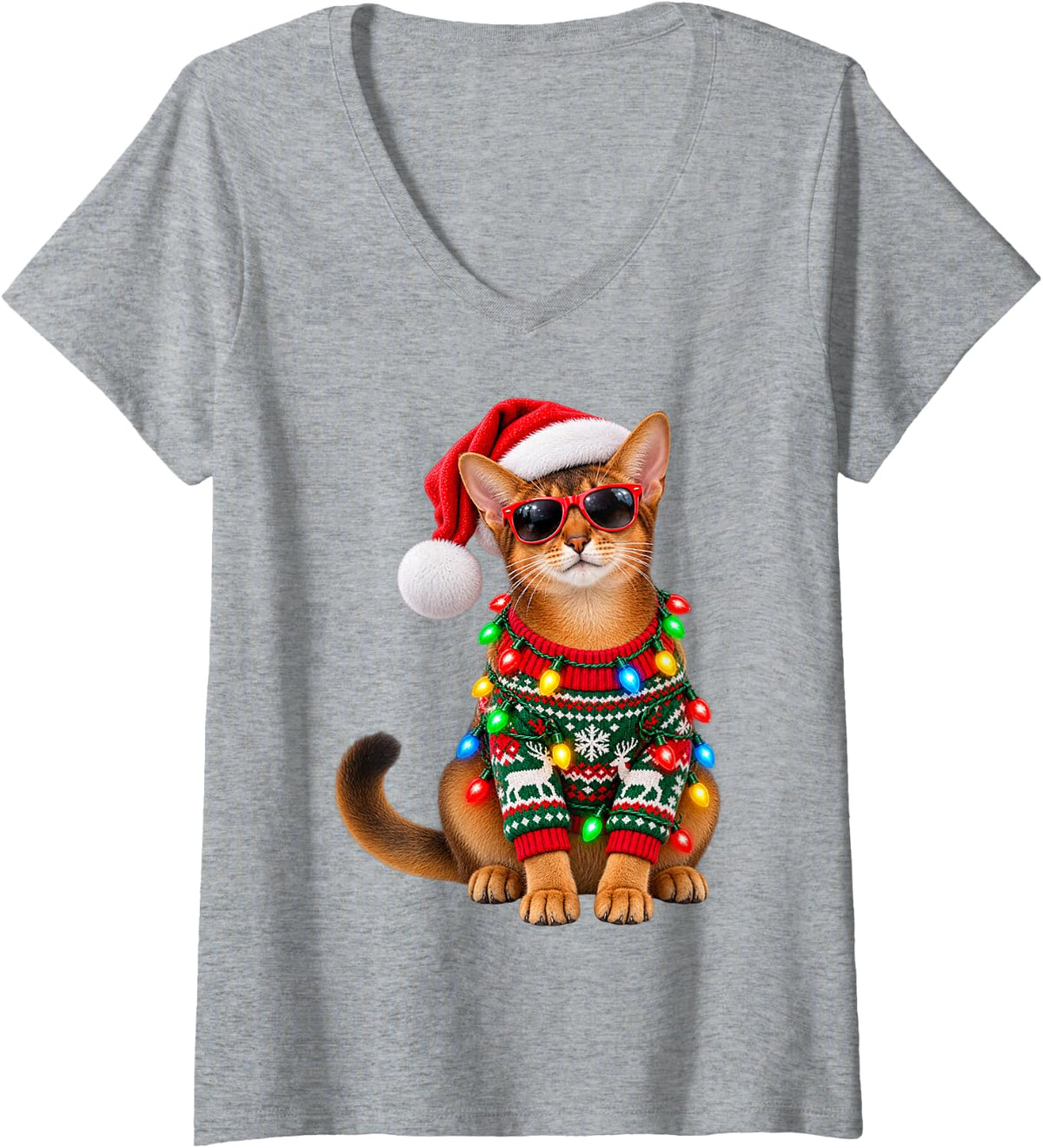 Women's Abyssinian Christmas Lights Santa Hat Sunglasses V-Neck T-Shirt - Heather Grey