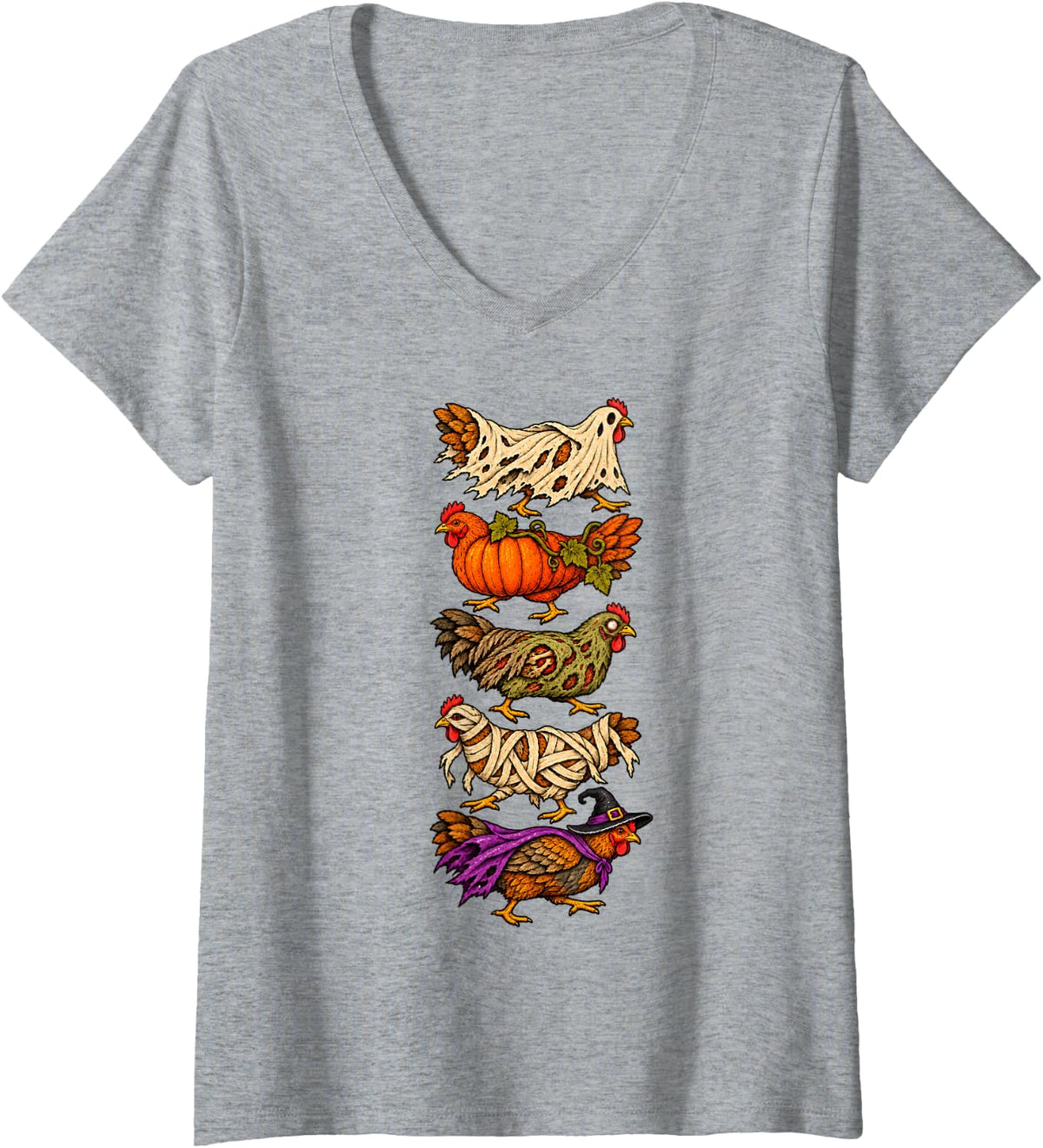 Women's Halloween Chicken Ghost Pumpkin Zombie Mummy Witch V-Neck T-Shirt - Heather Grey