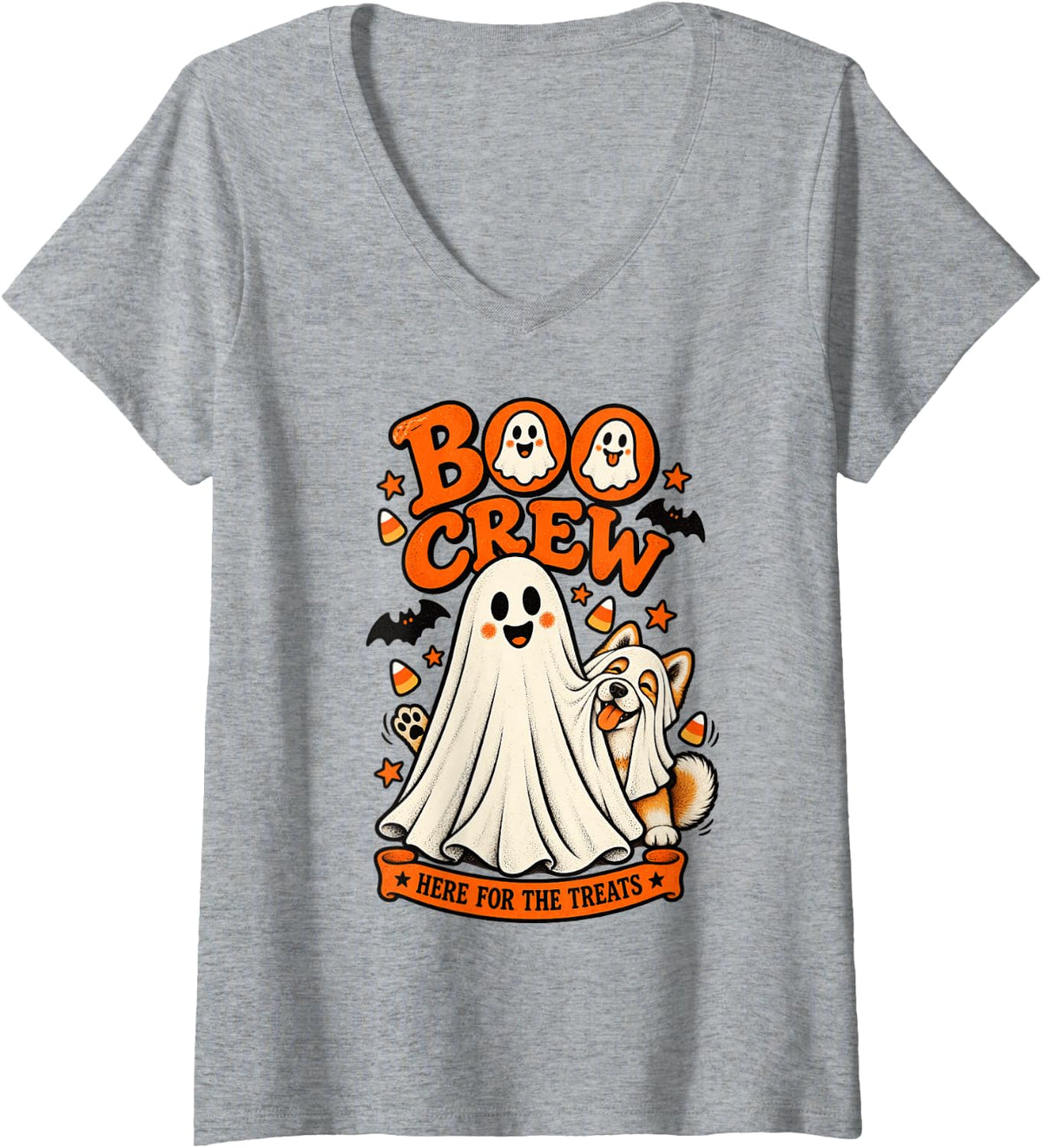 Women's Akita Boo Crew Here for the Treats Halloween Animal Lover V-Neck T-Shirt - Heather Grey