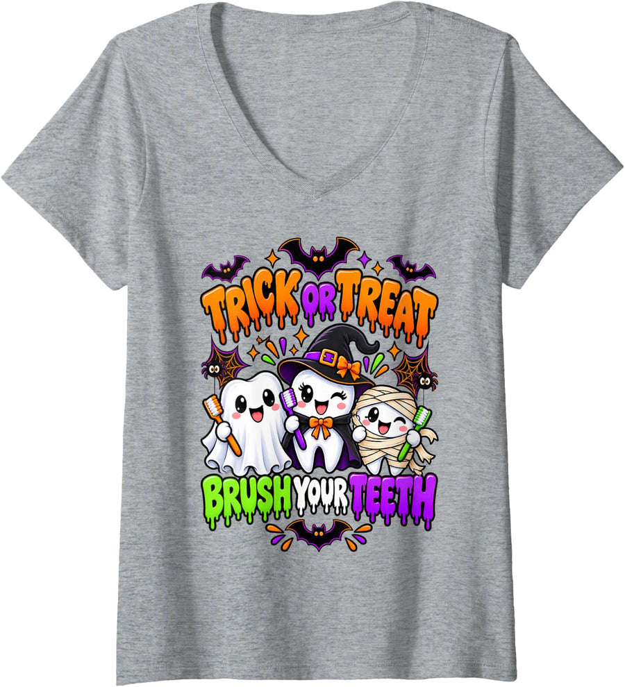 Women's Trick Or Treat Brush Your Teeth Funny Dental Halloween V-Neck T-Shirt - Heather Grey