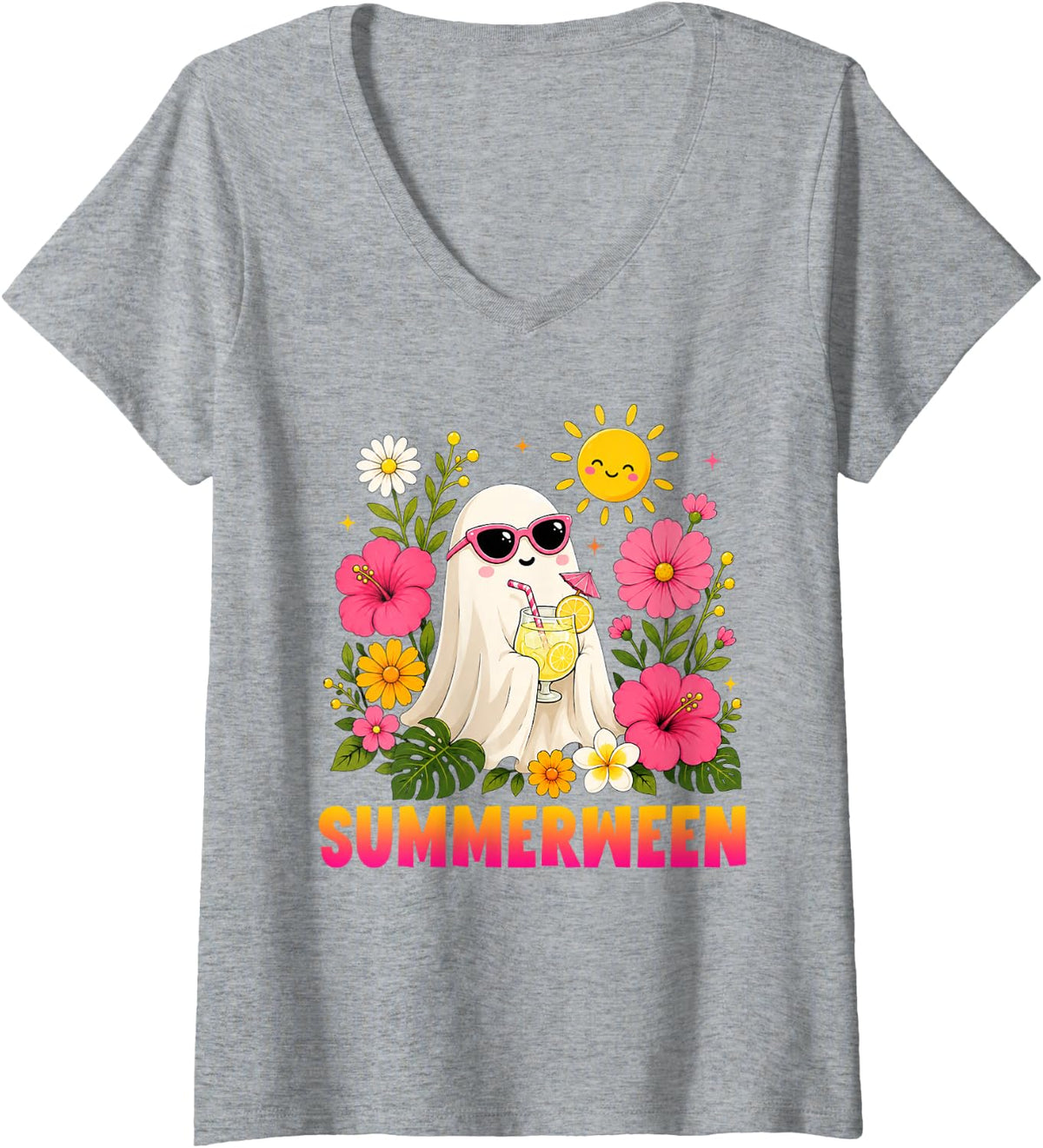 Women's Funny Summerween Cute Spooky Ghost Halloween Beach Summer V-Neck T-Shirt - Heather Grey