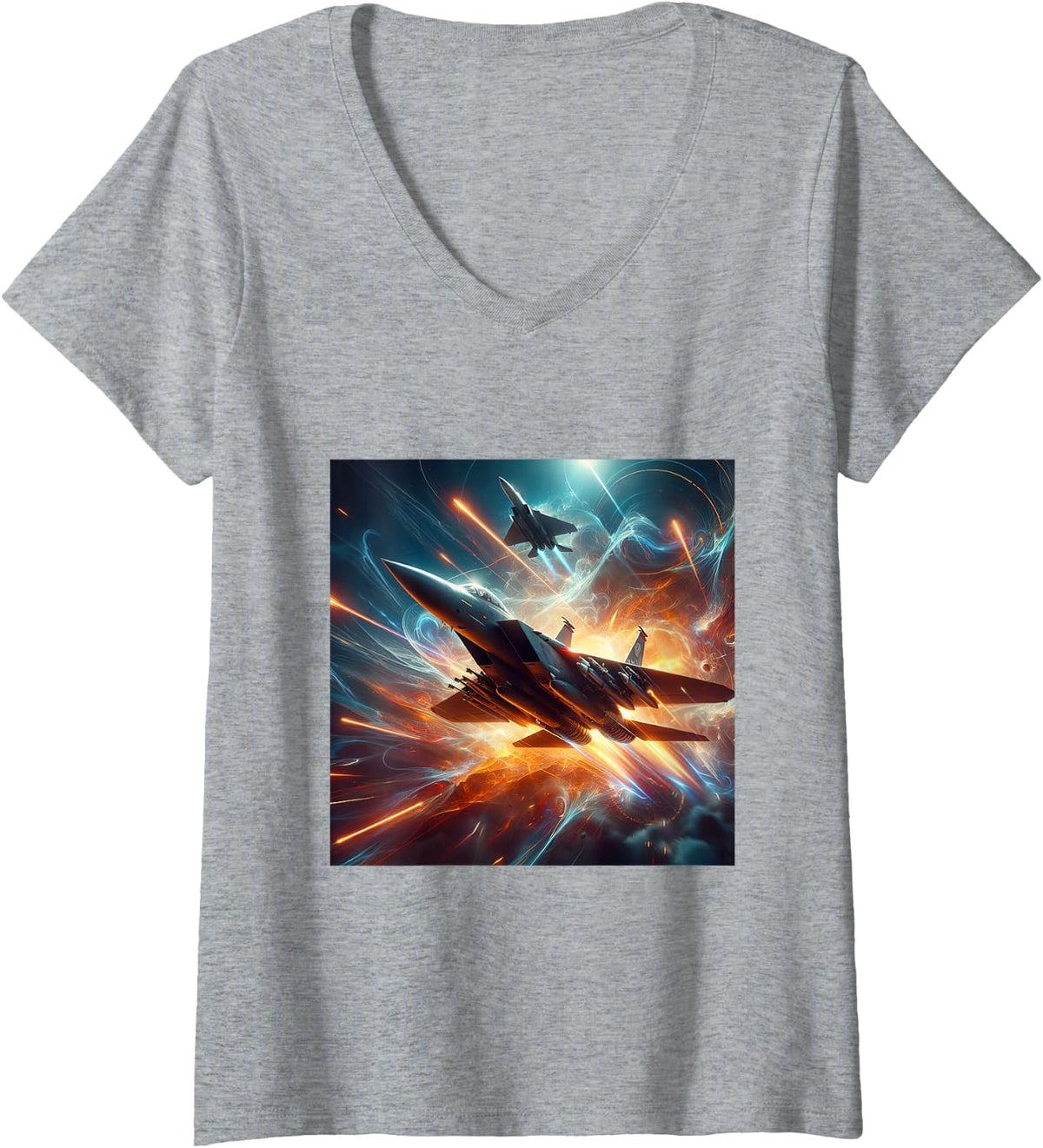 Women's F15 Eagle Fighter Jet Military Aircraft V-Neck T-Shirt - Heather Grey