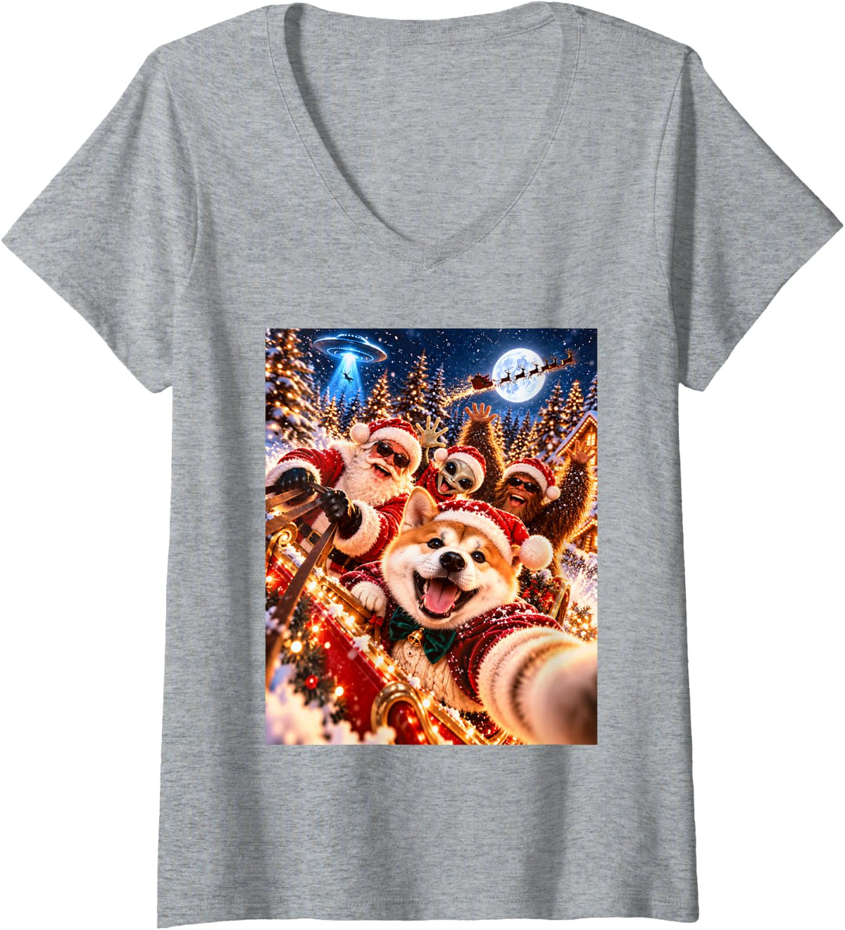 Women's Surprised Akita Santa Christmas Selfie UFO Graphic V-Neck T-Shirt - Heather Grey