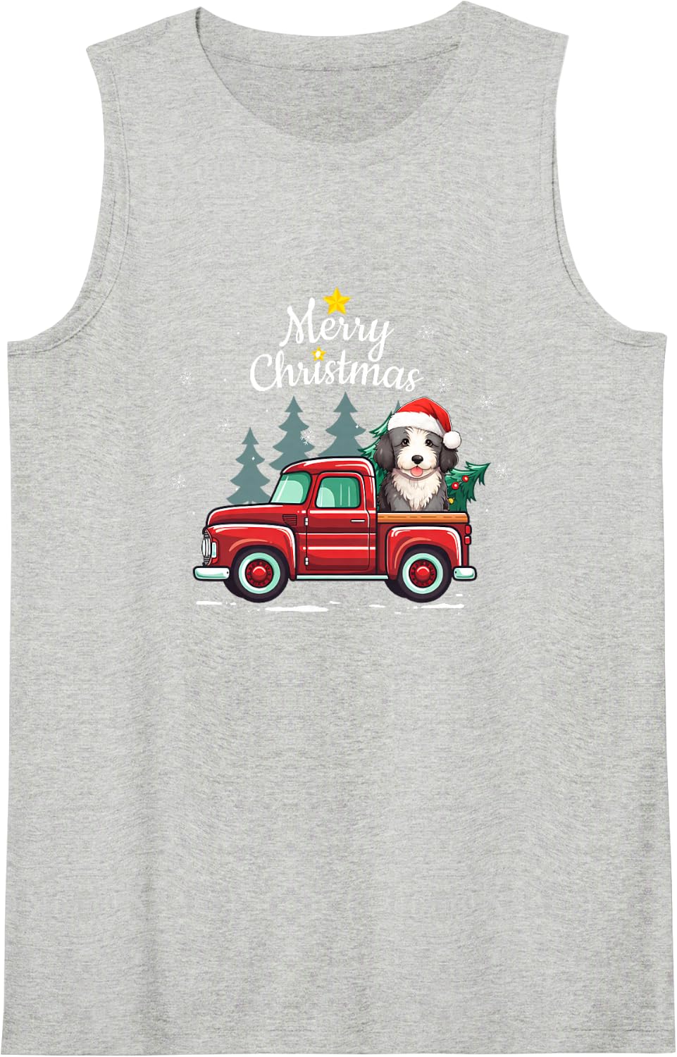 Sheepadoodle Christmas Dog Truck Plaid Funny Xmas Tree Sleeveless Tank Top - Heather Grey