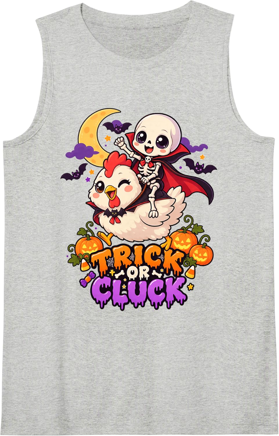 Trick Or Cluck Funny Halloween Skeleton Riding Chicken Sleeveless Tank Top - Heather Grey