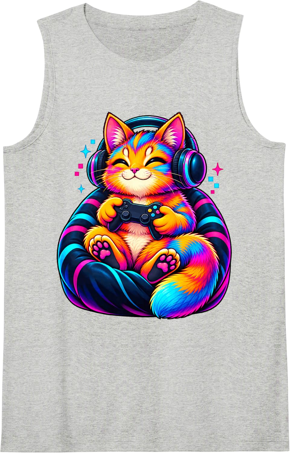 Colorful Gamer Cat Headphones Controller Gaming Artwork Sleeveless Tank Top - Heather Grey