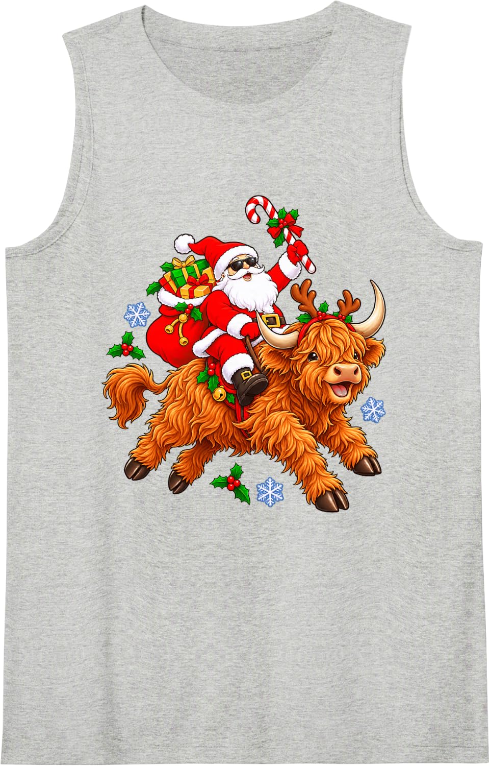 Christmas Santa Happy Highland Cow Holiday Character Graphic Sleeveless Tank Top - Heather Grey