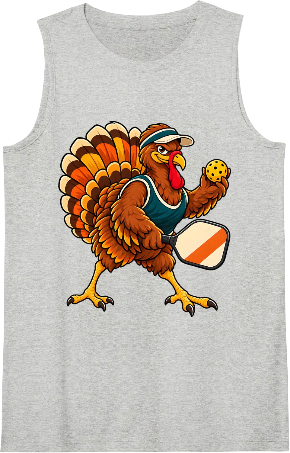 Pickleball Turkey Funny Thanksgiving Paddle Sports Cartoon Sleeveless Tank Top - Heather Grey