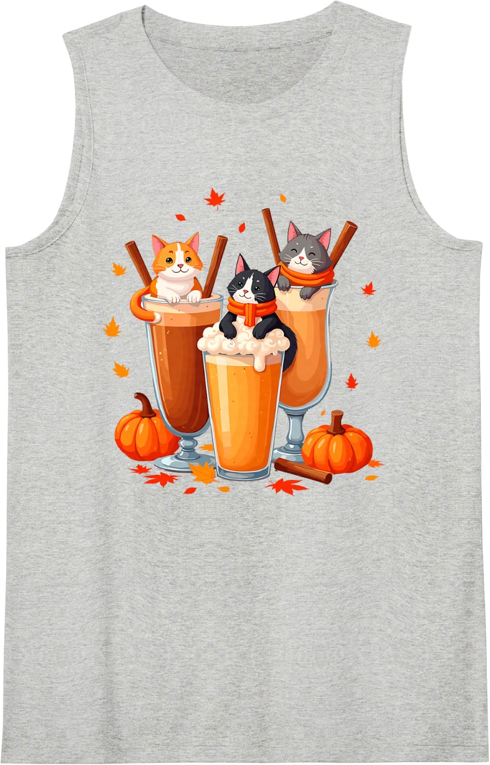 Pumpkin Spice Coffee Cats Kittens Turkey Happy Thanksgiving Sleeveless Tank Top - Heather Grey