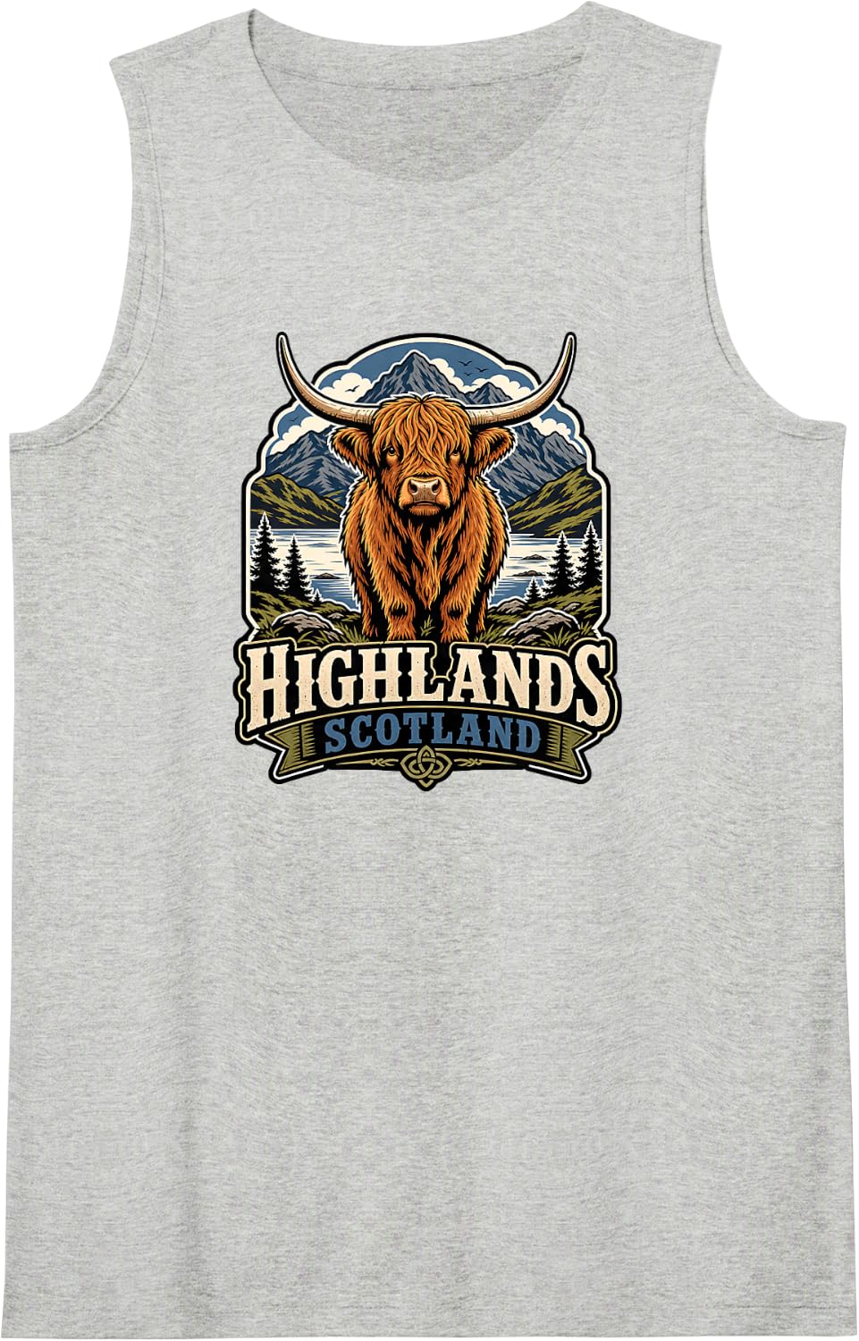 Highlands Scotland Highland Cow Mountain and Loch Scene Sleeveless Tank Top - Heather Grey