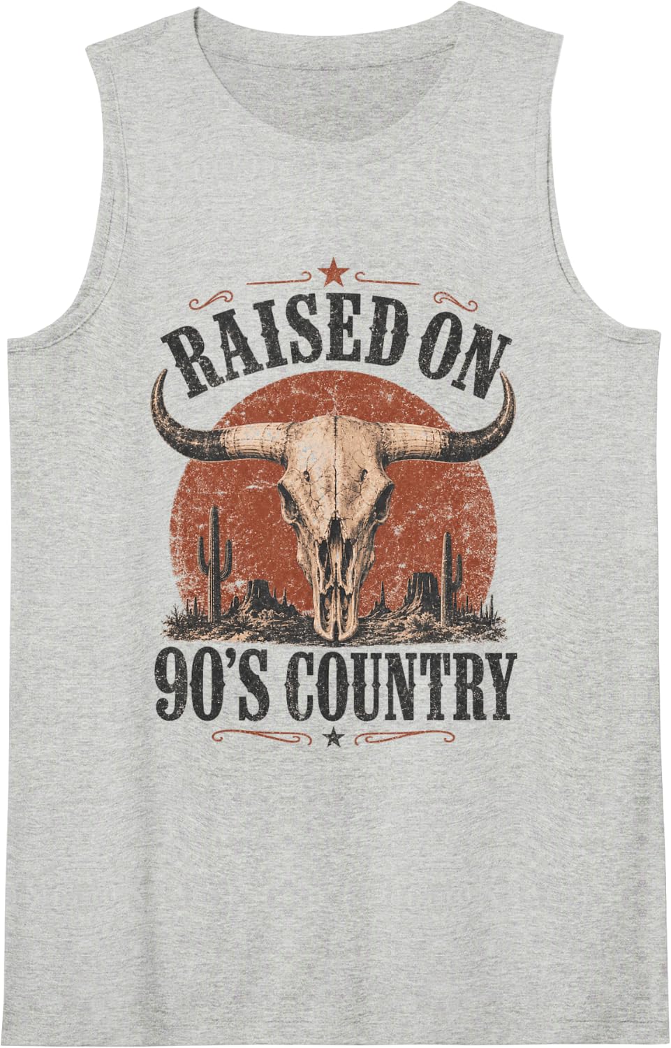 90s Country Music Western Bull Skull Desert Graphic Sleeveless Tank Top - Heather Grey