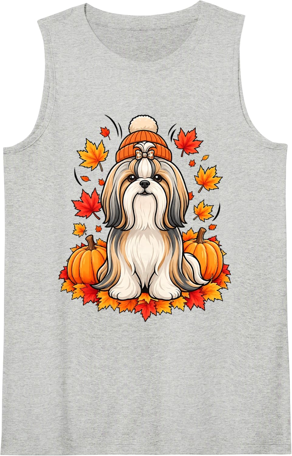 Cute Shih Tzu Fall Scarf Autumn Leaves Dog Lovers Sleeveless Tank Top - Heather Grey