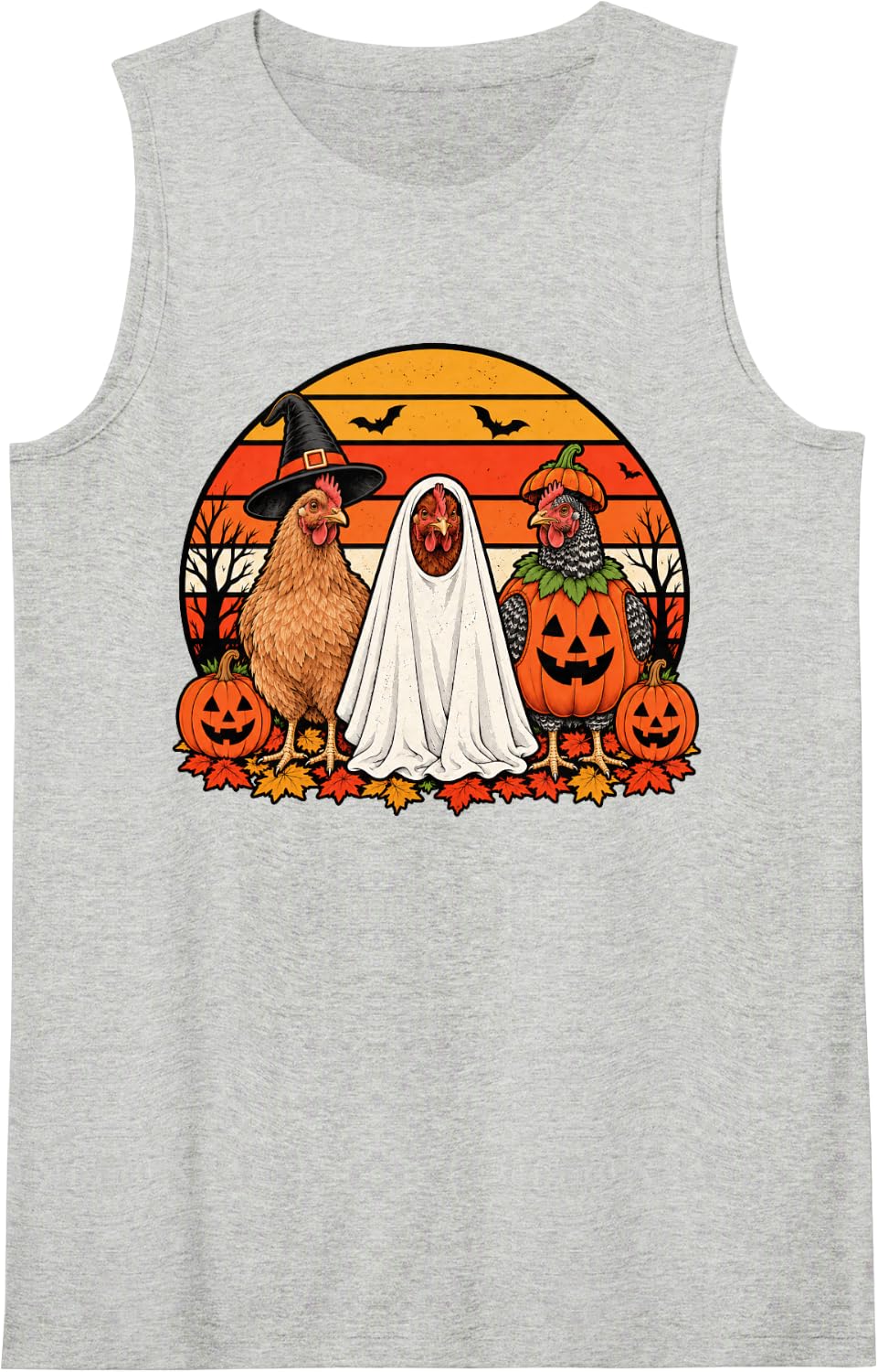 Spooky Chicken Pumpkin Ghost Halloween Sleeveless Tank Top - Heather Grey